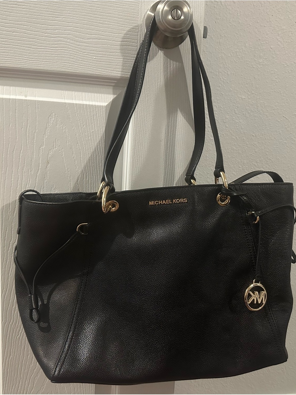 Michael Kors Black Pebbled Leather Shoulder Tote with Gold Hardware